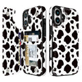 Black & White Cow Print Flip Wallet Case for iPhone 17–14 – Card Holder & Kickstand - iPhone 16 exact model view, non-MagSafe double-buckle wallet case [OB006-iPhone-16-LOCAL]