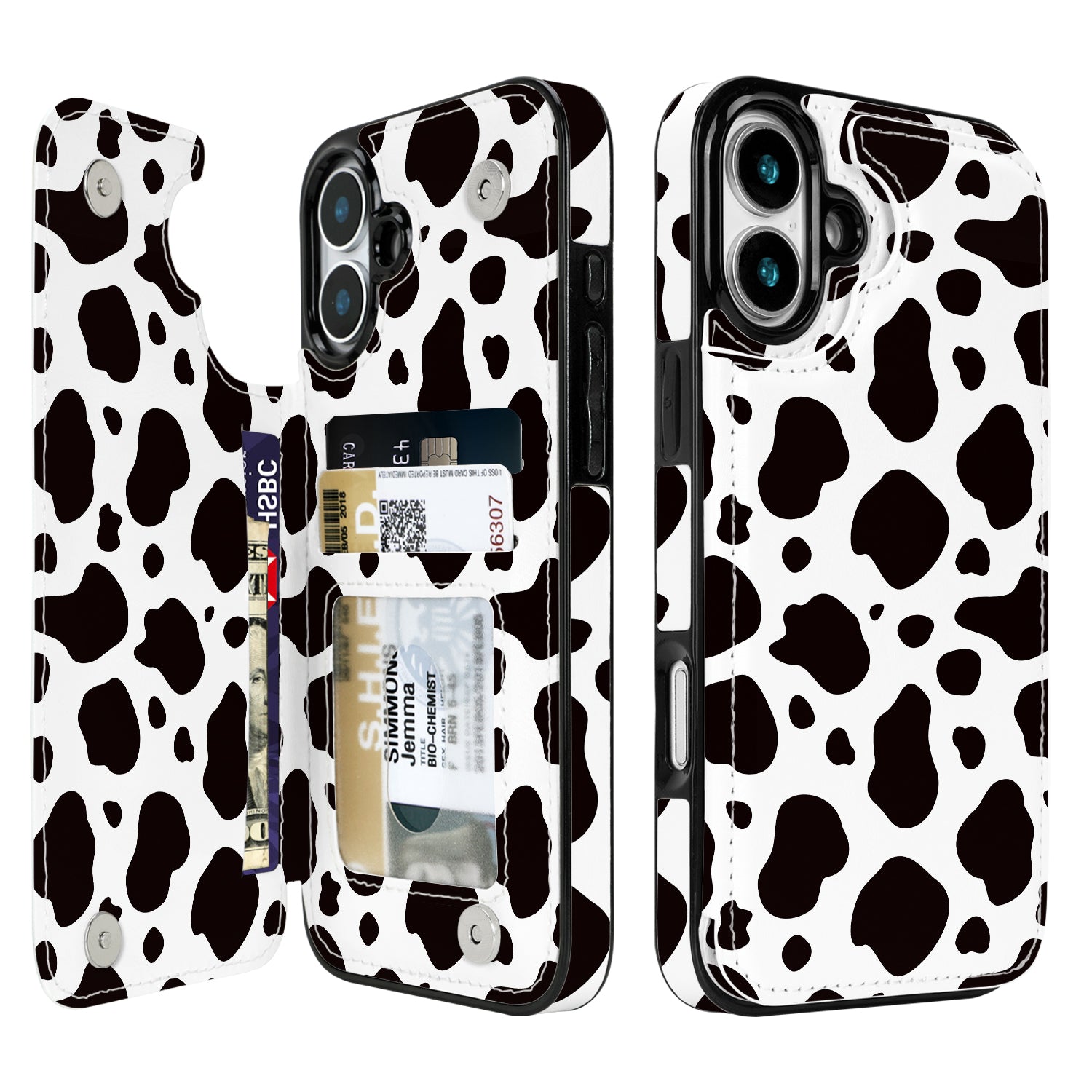 Black & White Cow Print Flip Wallet Case for iPhone 17–14 – Card Holder & Kickstand - iPhone 16 exact model view, non-MagSafe double-buckle wallet case [OB006-iPhone-16-LOCAL]