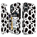 Black & White Cow Print Flip Wallet Case for iPhone 17–14 – Card Holder & Kickstand - iPhone 16 Plus exact model view, non-MagSafe double-buckle wallet case [OB006-iPhone-16-Plus-LOCAL]
