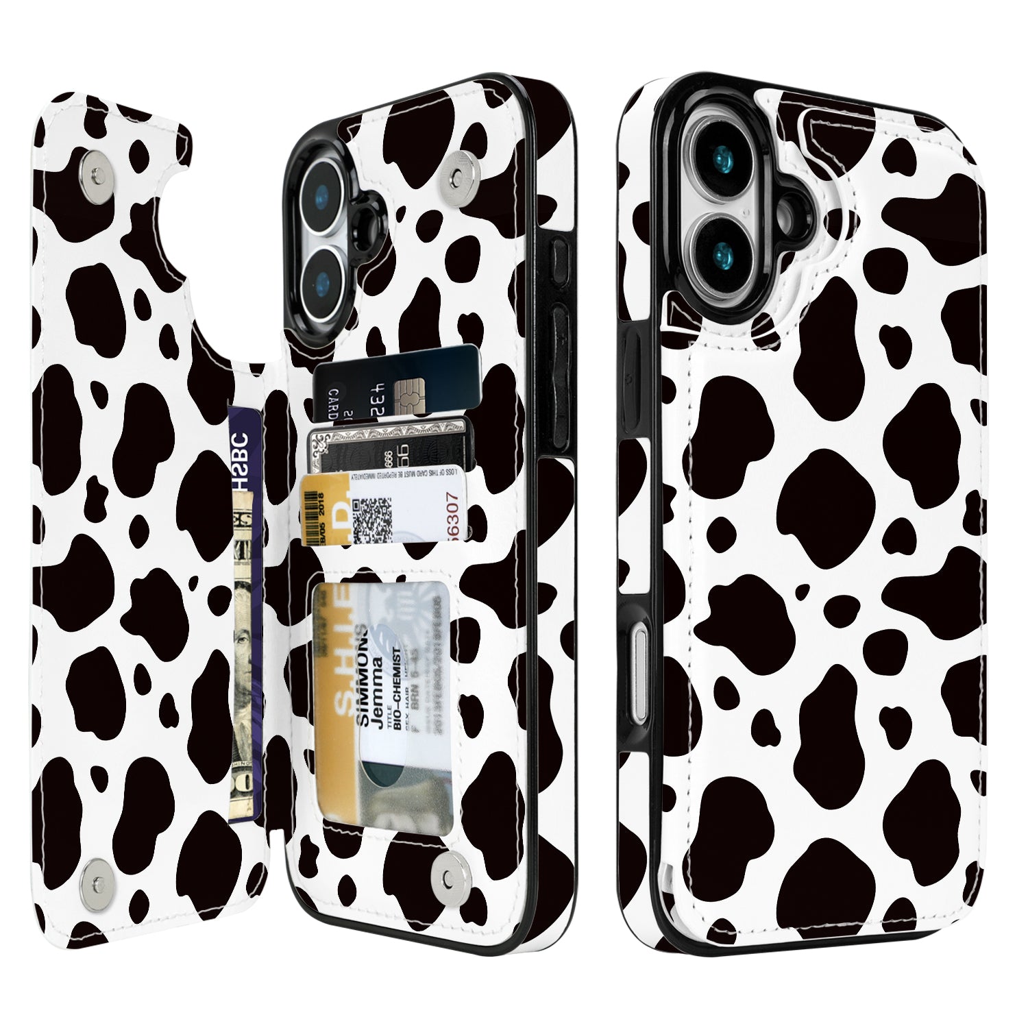 Black & White Cow Print Flip Wallet Case for iPhone 17–14 – Card Holder & Kickstand - iPhone 16 Plus exact model view, non-MagSafe double-buckle wallet case [OB006-iPhone-16-Plus-LOCAL]