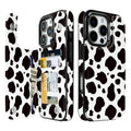 Black & White Cow Print Flip Wallet Case for iPhone 17–14 – Card Holder & Kickstand - iPhone 16 Pro exact model view, non-MagSafe double-buckle wallet case [OB006-iPhone-16-Pro-LOCAL]