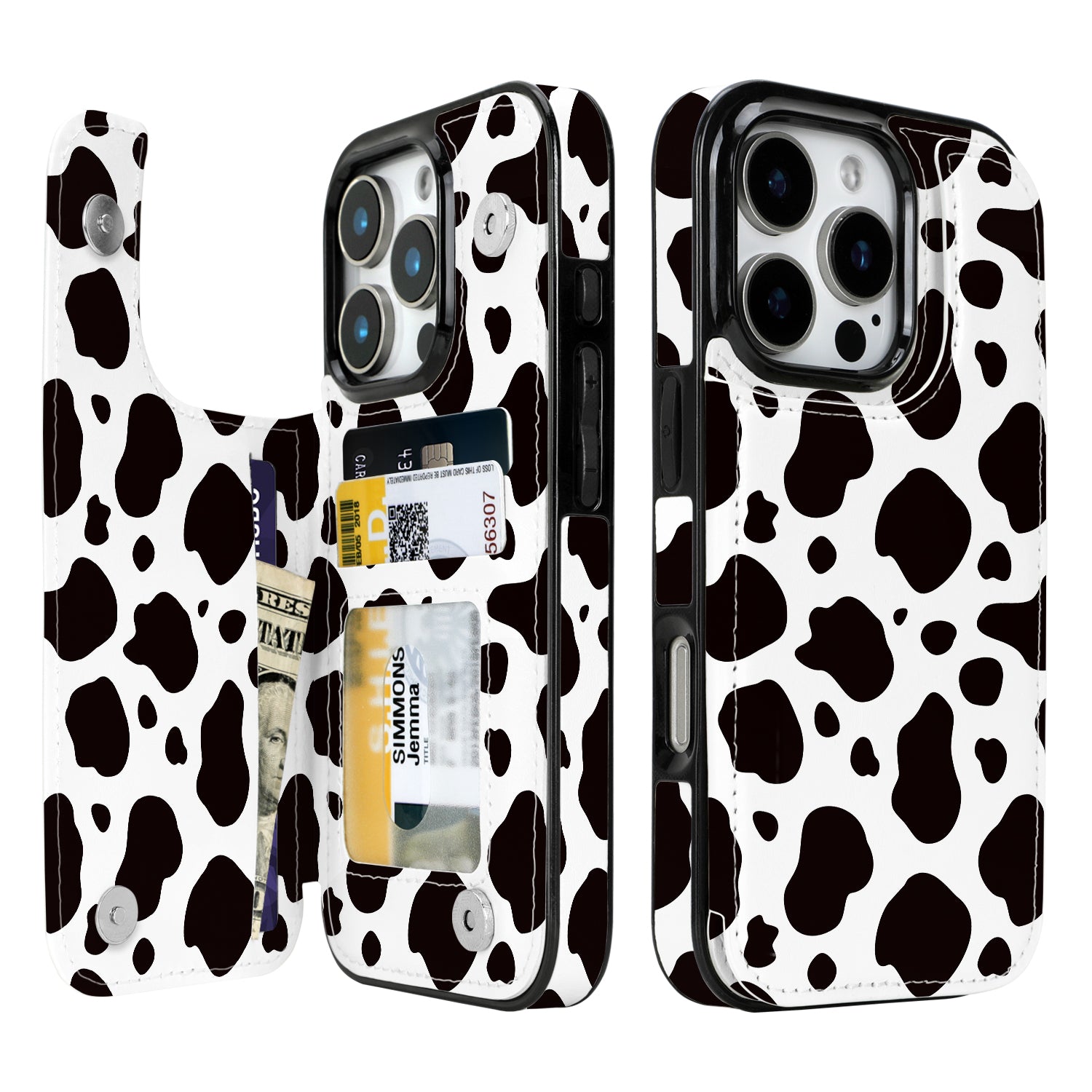 Black & White Cow Print Flip Wallet Case for iPhone 17–14 – Card Holder & Kickstand - iPhone 16 Pro exact model view, non-MagSafe double-buckle wallet case [OB006-iPhone-16-Pro-LOCAL]