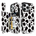 Black & White Cow Print Flip Wallet Case for iPhone 17–14 – Card Holder & Kickstand - iPhone 16 Pro Max exact model view, non-MagSafe double-buckle wallet case [OB006-iPhone-16-Pro-Max-LOCAL]