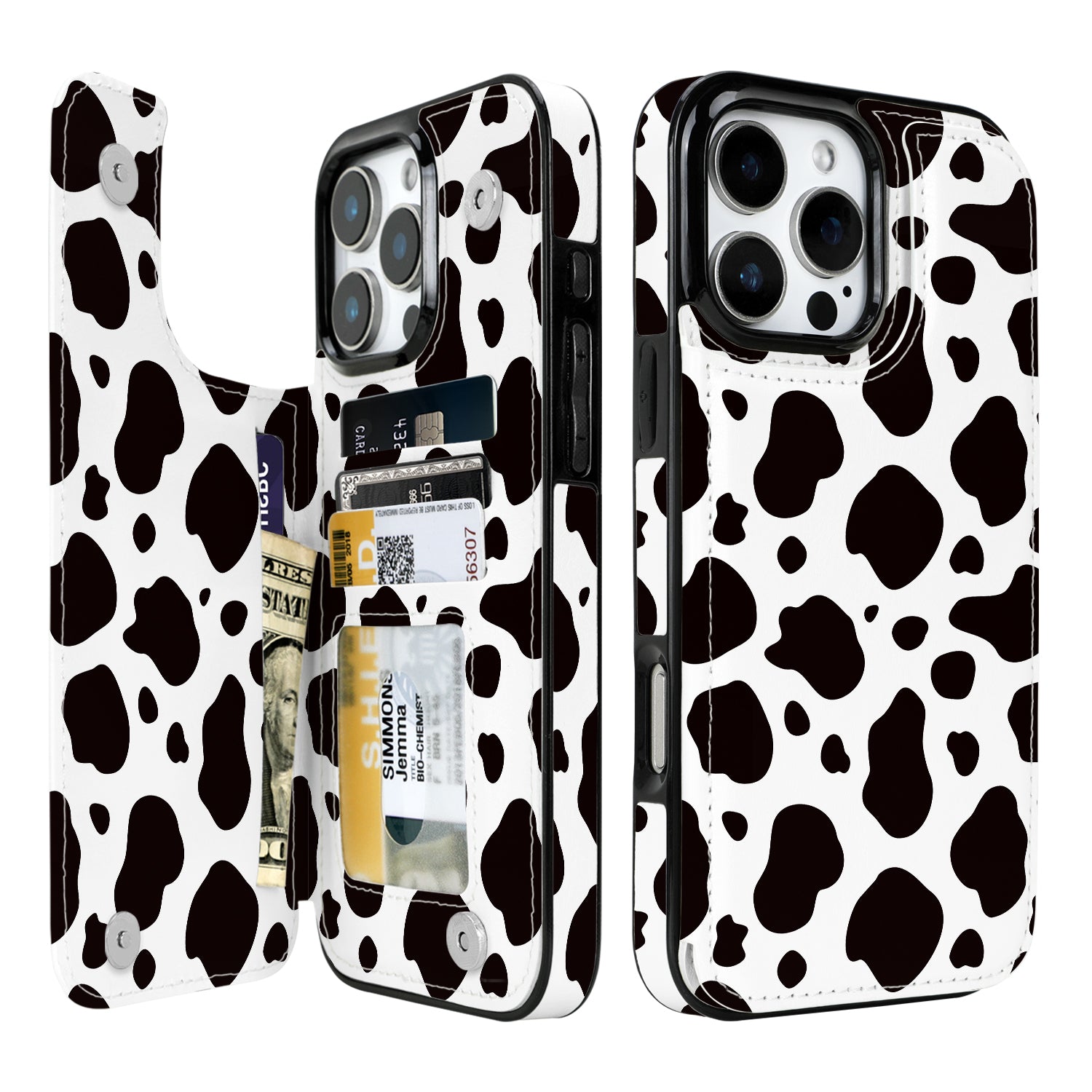 Black & White Cow Print Flip Wallet Case for iPhone 17–14 – Card Holder & Kickstand - iPhone 16 Pro Max exact model view, non-MagSafe double-buckle wallet case [OB006-iPhone-16-Pro-Max-LOCAL]
