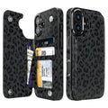 Black Leopard Flip Wallet Case for iPhone 17–14 – Card Holder & Kickstand - iPhone 16 exact model view, non-MagSafe double-buckle wallet case [OB440-iPhone-16-LOCAL]