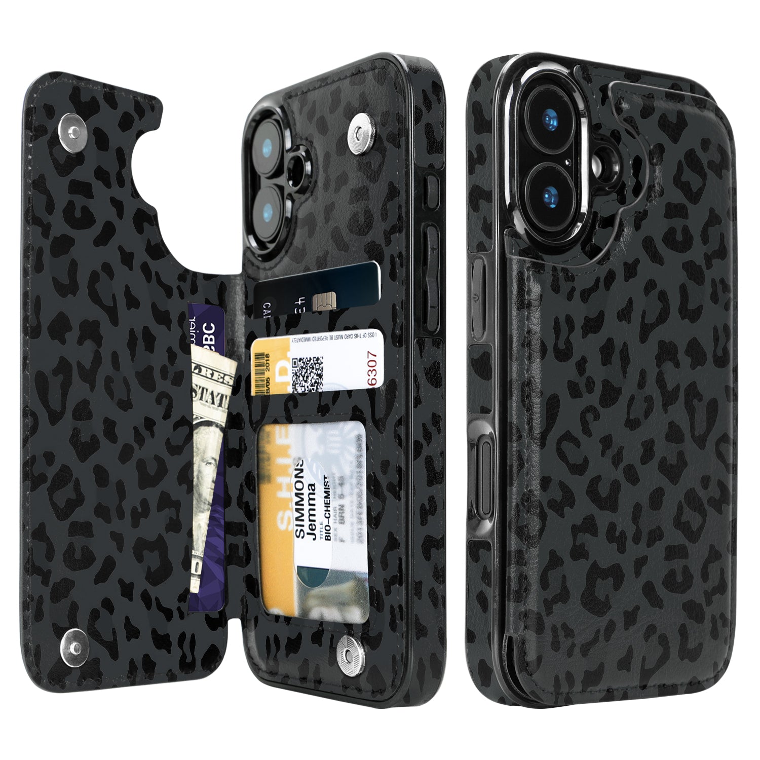 Black Leopard Flip Wallet Case for iPhone 17–14 – Card Holder & Kickstand - iPhone 16 exact model view, non-MagSafe double-buckle wallet case [OB440-iPhone-16-LOCAL]