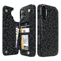 Black Leopard Flip Wallet Case for iPhone 17–14 – Card Holder & Kickstand - iPhone 16 Plus exact model view, non-MagSafe double-buckle wallet case [OB440-iPhone-16-Plus-LOCAL]