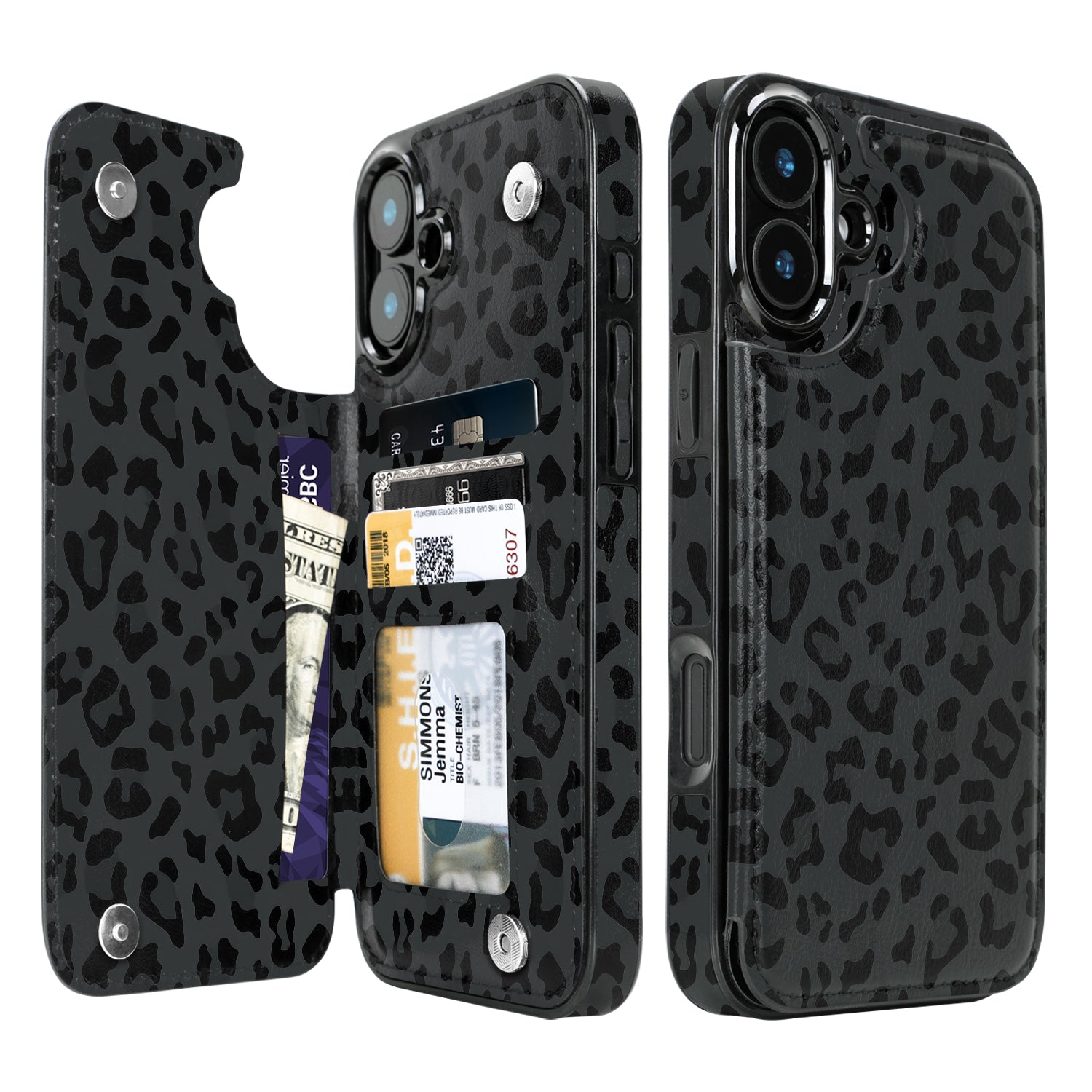 Black Leopard Flip Wallet Case for iPhone 17–14 – Card Holder & Kickstand - iPhone 16 Plus exact model view, non-MagSafe double-buckle wallet case [OB440-iPhone-16-Plus-LOCAL]