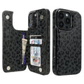 Black Leopard Flip Wallet Case for iPhone 17–14 – Card Holder & Kickstand - iPhone 16 Pro exact model view, non-MagSafe double-buckle wallet case [OB440-iPhone-16-Pro-LOCAL]