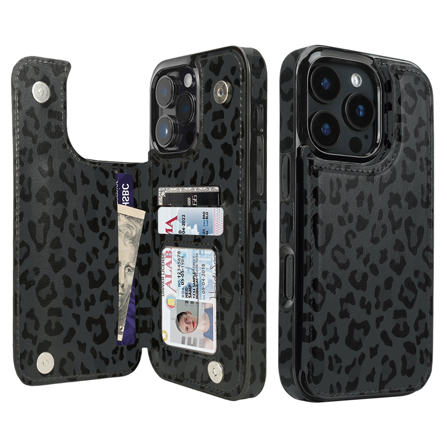 Black Leopard Flip Wallet Case for iPhone 17–14 – Card Holder & Kickstand - iPhone 16 Pro exact model view, non-MagSafe double-buckle wallet case [OB440-iPhone-16-Pro-LOCAL]