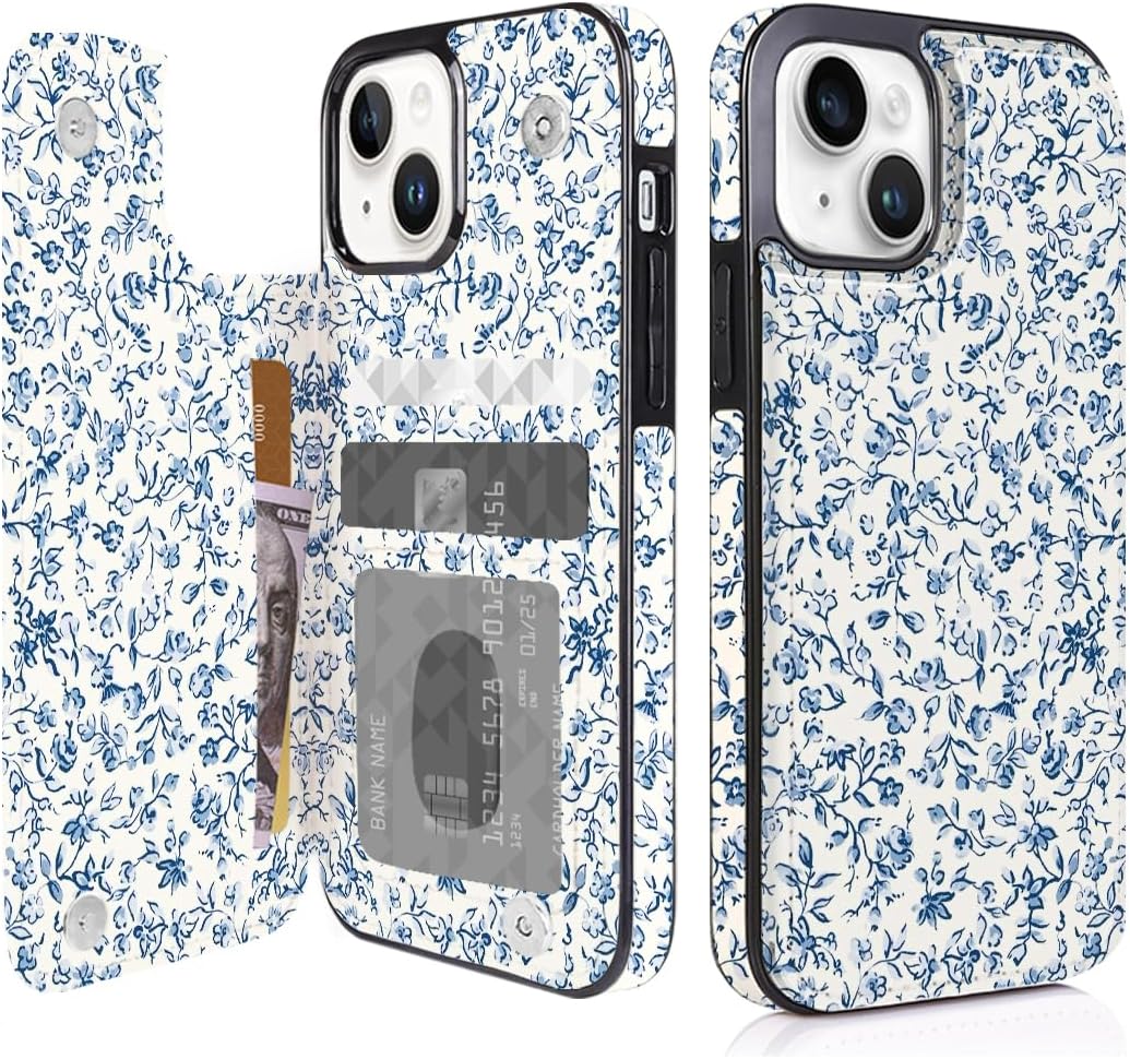 Blue Porcelain Floral non-MagSafe flip wallet case for iPhone 14/15 - exact Amazon child ASIN B0GVDMHKS1