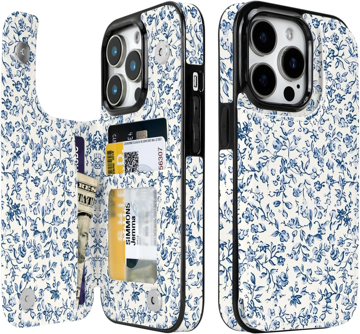 Blue Porcelain Floral Flip Wallet Case for iPhone 17–14 – Card Holder & Kickstand - iPhone 15 Pro exact model view, non-MagSafe double-buckle wallet case [OB558-iPhone-15-Pro-B0GVDRHQ82]