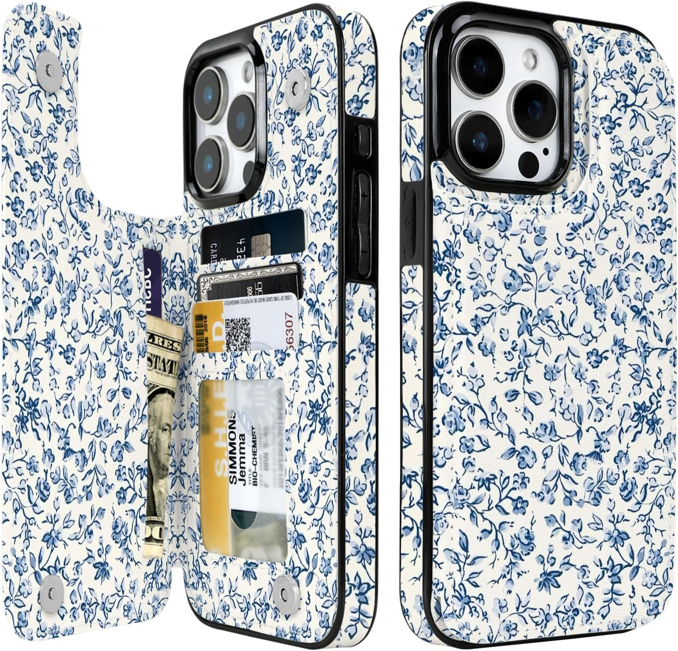 Blue Porcelain Floral Flip Wallet Case for iPhone 17–14 – Card Holder & Kickstand - iPhone 15 Pro Max exact model view, non-MagSafe double-buckle wallet case [OB558-iPhone-15-Pro-Max-B0GVDRFT8L]