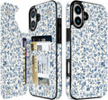 Blue Porcelain Floral Flip Wallet Case for iPhone 17–14 – Card Holder & Kickstand - iPhone 16 exact model view, non-MagSafe double-buckle wallet case [OB558-iPhone-16-B0GVD8DBLF]