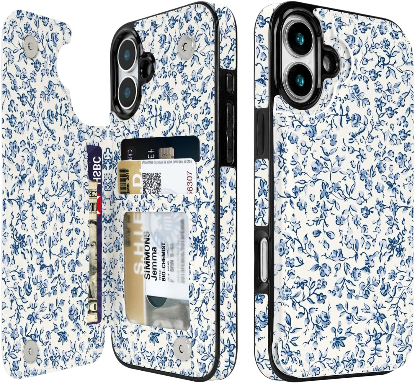 Blue Porcelain Floral Flip Wallet Case for iPhone 17–14 – Card Holder & Kickstand - iPhone 16 exact model view, non-MagSafe double-buckle wallet case [OB558-iPhone-16-B0GVD8DBLF]