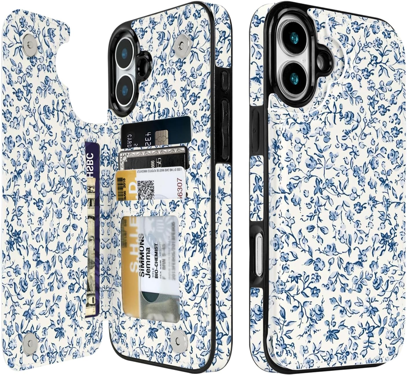 Blue Porcelain Floral Flip Wallet Case for iPhone 17–14 – Card Holder & Kickstand - iPhone 16 Plus exact model view, non-MagSafe double-buckle wallet case [OB558-iPhone-16-Plus-B0GVD45HB1]