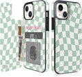 Mint Wavy Checkerboard Flip Wallet Case for iPhone 17–14 – Card Holder & Kickstand - iPhone 14 exact model view, non-MagSafe double-buckle wallet case [OB563-iPhone-14-B0DFH2QC2V]