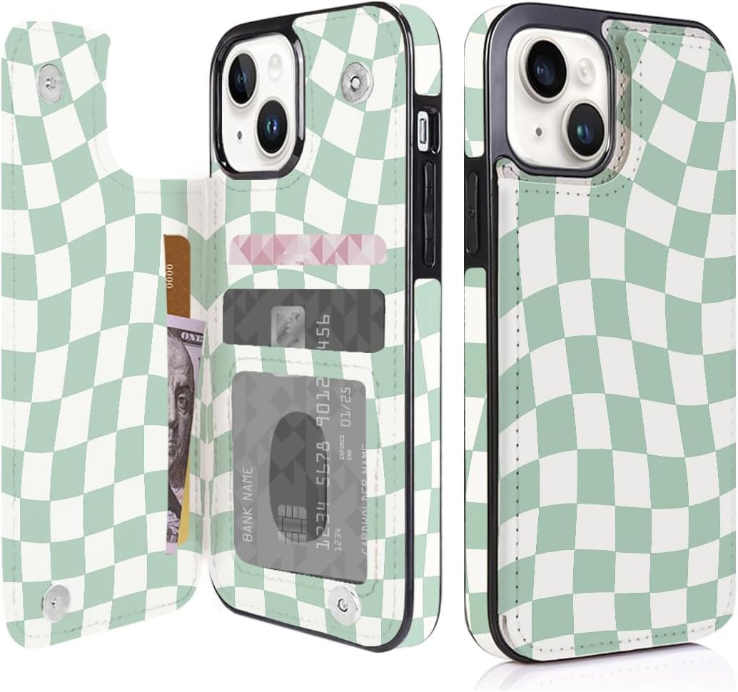 Mint Wavy Checkerboard Flip Wallet Case for iPhone 17–14 – Card Holder & Kickstand - iPhone 14 exact model view, non-MagSafe double-buckle wallet case [OB563-iPhone-14-B0DFH2QC2V]