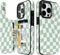 Mint Wavy Checkerboard Flip Wallet Case for iPhone 17–14 – Card Holder & Kickstand - iPhone 15 Pro exact model view, non-MagSafe double-buckle wallet case [OB563-iPhone-15-Pro-B0F7WVGBFK]
