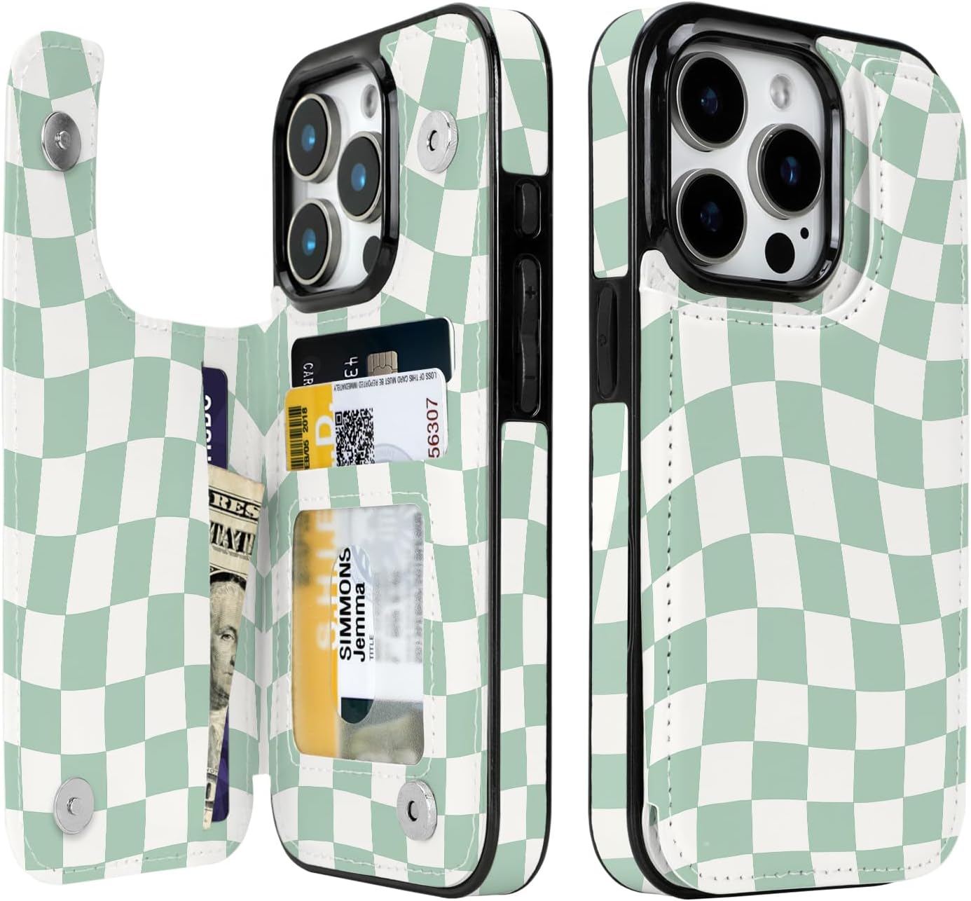 Mint Wavy Checkerboard Flip Wallet Case for iPhone 17–14 – Card Holder & Kickstand - iPhone 15 Pro exact model view, non-MagSafe double-buckle wallet case [OB563-iPhone-15-Pro-B0F7WVGBFK]