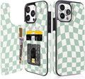 Mint Wavy Checkerboard Flip Wallet Case for iPhone 17–14 – Card Holder & Kickstand - iPhone 15 Pro Max exact model view, non-MagSafe double-buckle wallet case [OB563-iPhone-15-Pro-Max-B0DFM6PC8H]