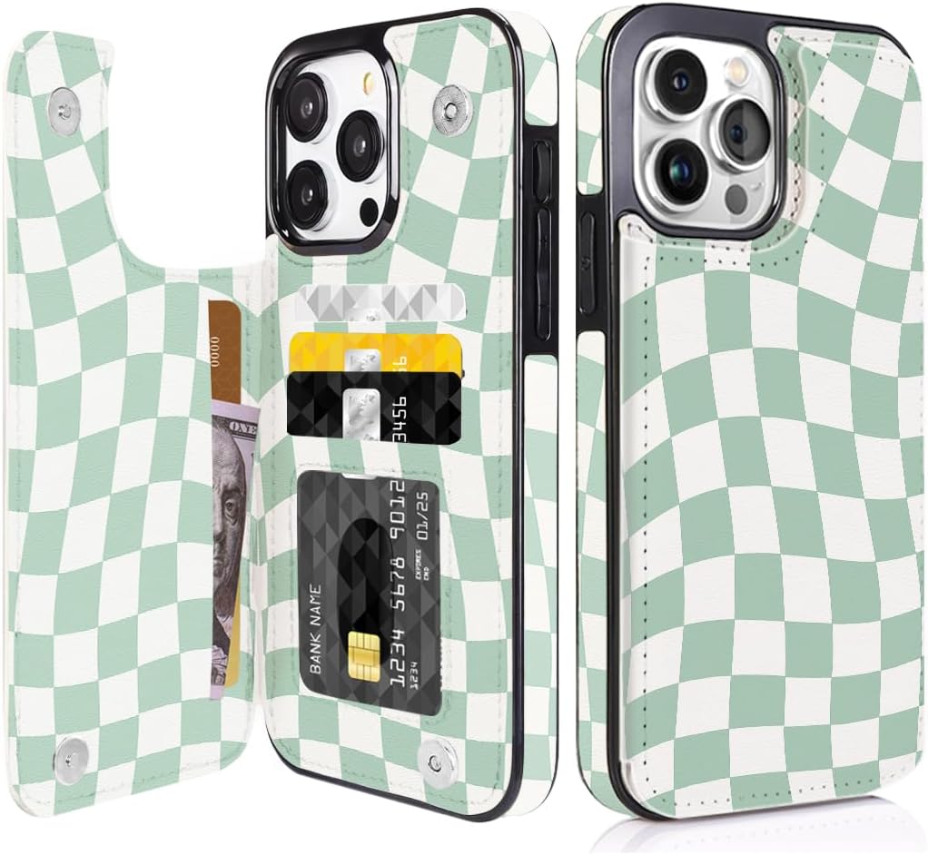 Mint Wavy Checkerboard Flip Wallet Case for iPhone 17–14 – Card Holder & Kickstand - iPhone 15 Pro Max exact model view, non-MagSafe double-buckle wallet case [OB563-iPhone-15-Pro-Max-B0DFM6PC8H]