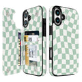 Mint Wavy Checkerboard Flip Wallet Case for iPhone 17–14 – Card Holder & Kickstand - iPhone 16 exact model view, non-MagSafe double-buckle wallet case [OB563-iPhone-16-LOCAL]