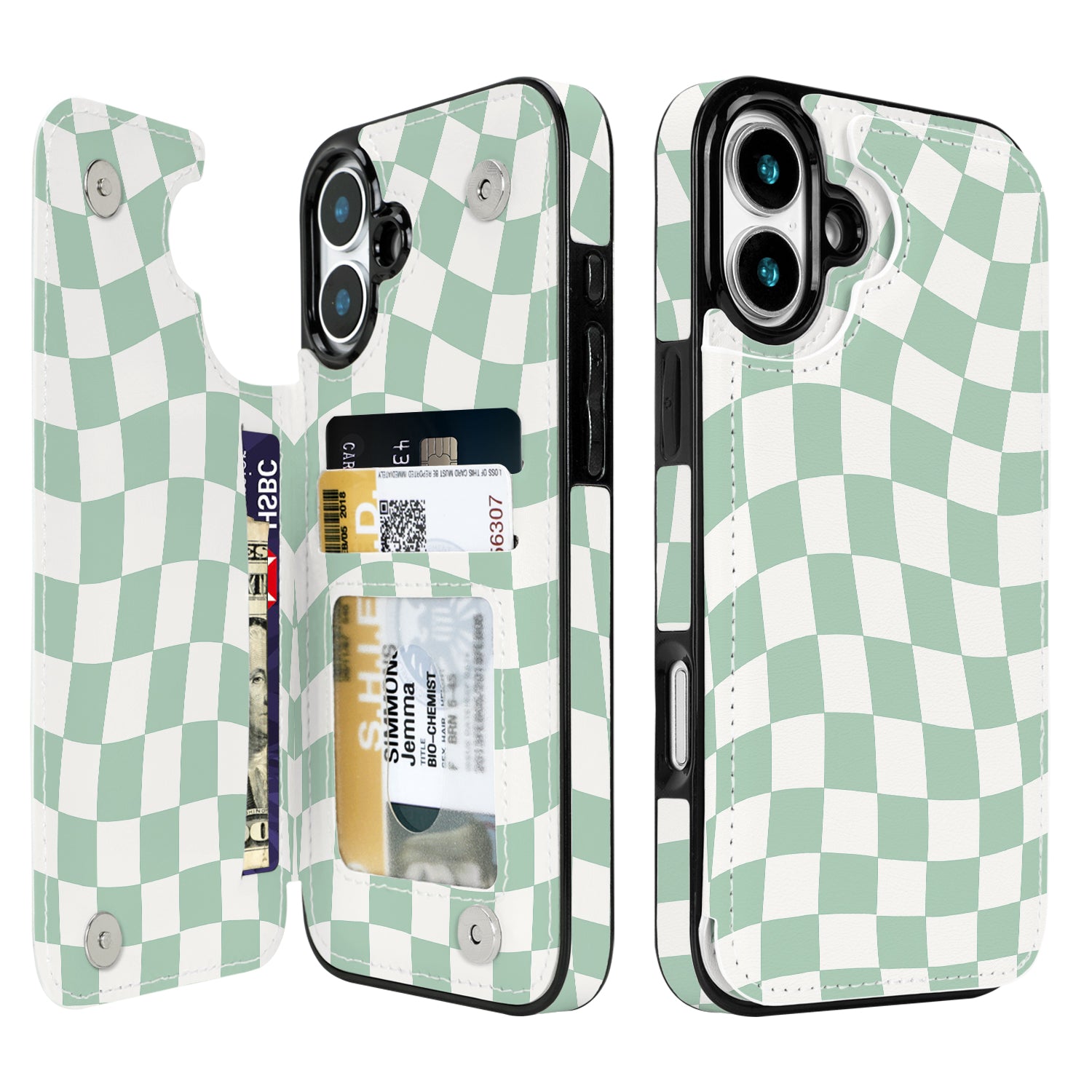 Mint Wavy Checkerboard Flip Wallet Case for iPhone 17–14 – Card Holder & Kickstand - iPhone 16 exact model view, non-MagSafe double-buckle wallet case [OB563-iPhone-16-LOCAL]