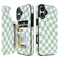 Mint Wavy Checkerboard Flip Wallet Case for iPhone 17–14 – Card Holder & Kickstand - iPhone 16 Plus exact model view, non-MagSafe double-buckle wallet case [OB563-iPhone-16-Plus-LOCAL]