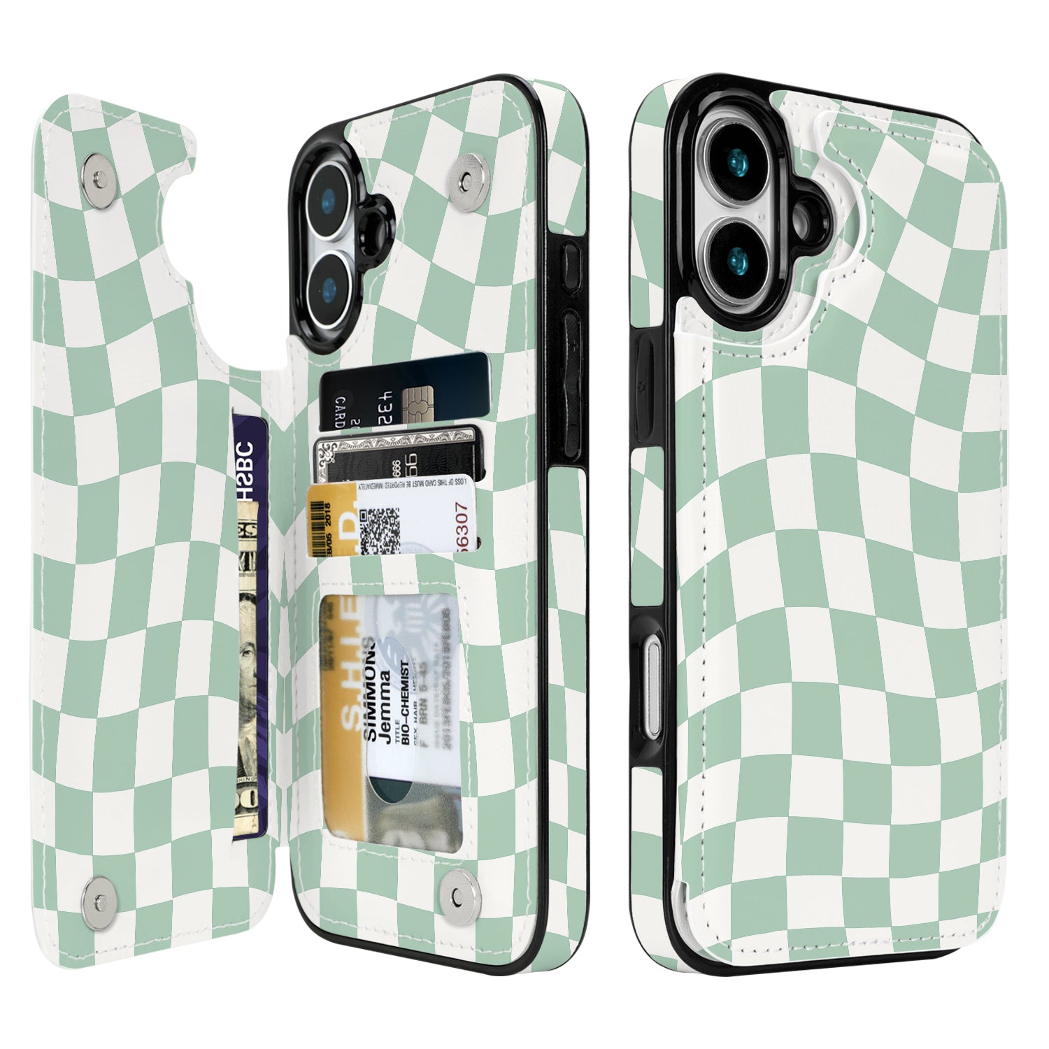 Mint Wavy Checkerboard Flip Wallet Case for iPhone 17–14 – Card Holder & Kickstand - iPhone 16 Plus exact model view, non-MagSafe double-buckle wallet case [OB563-iPhone-16-Plus-LOCAL]