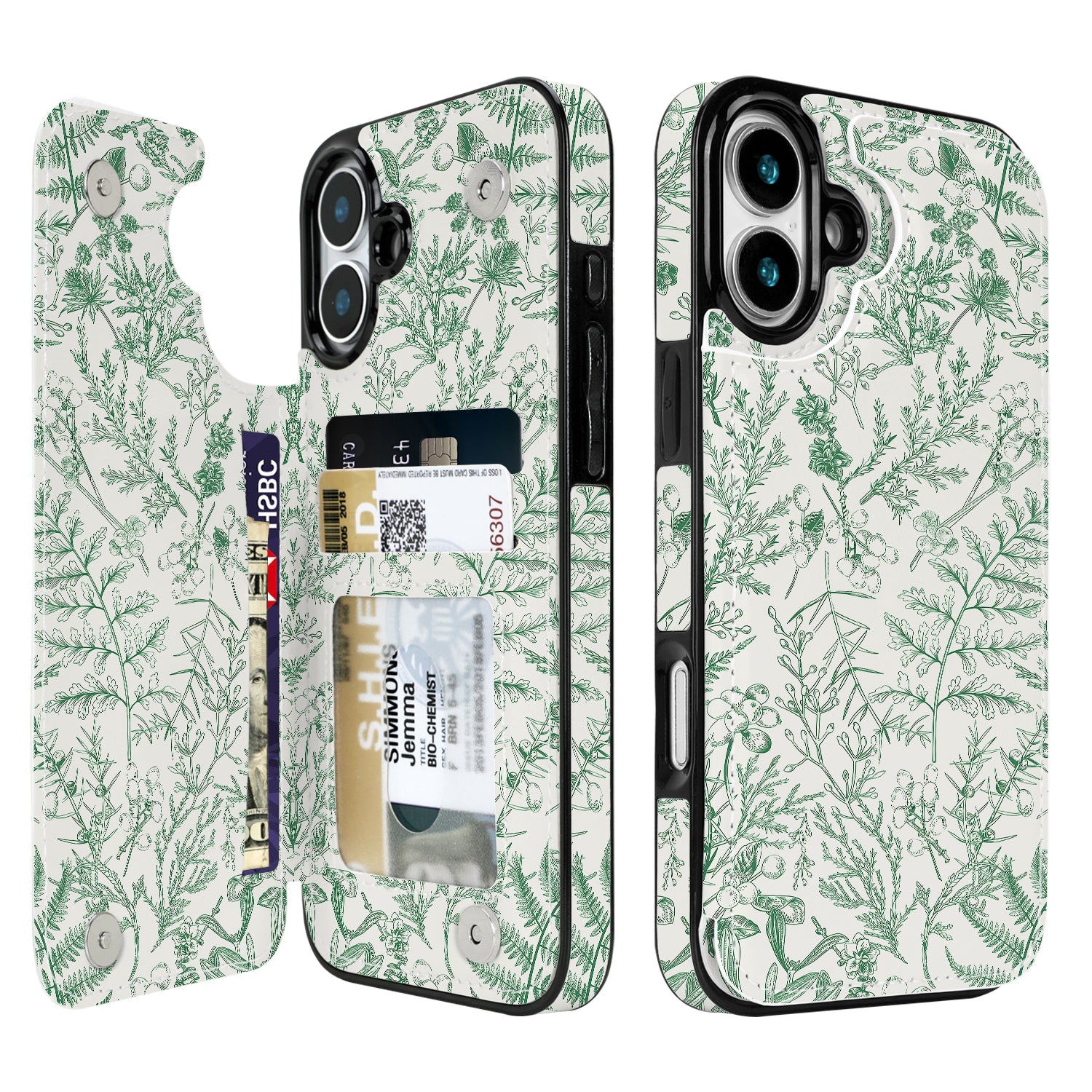 Floral Flip Wallet Case for iPhone 17–14 with Card Holder – Kickstand - iPhone 16 exact model view, non-MagSafe double-buckle wallet case [OB899-iPhone-16-LOCAL]
