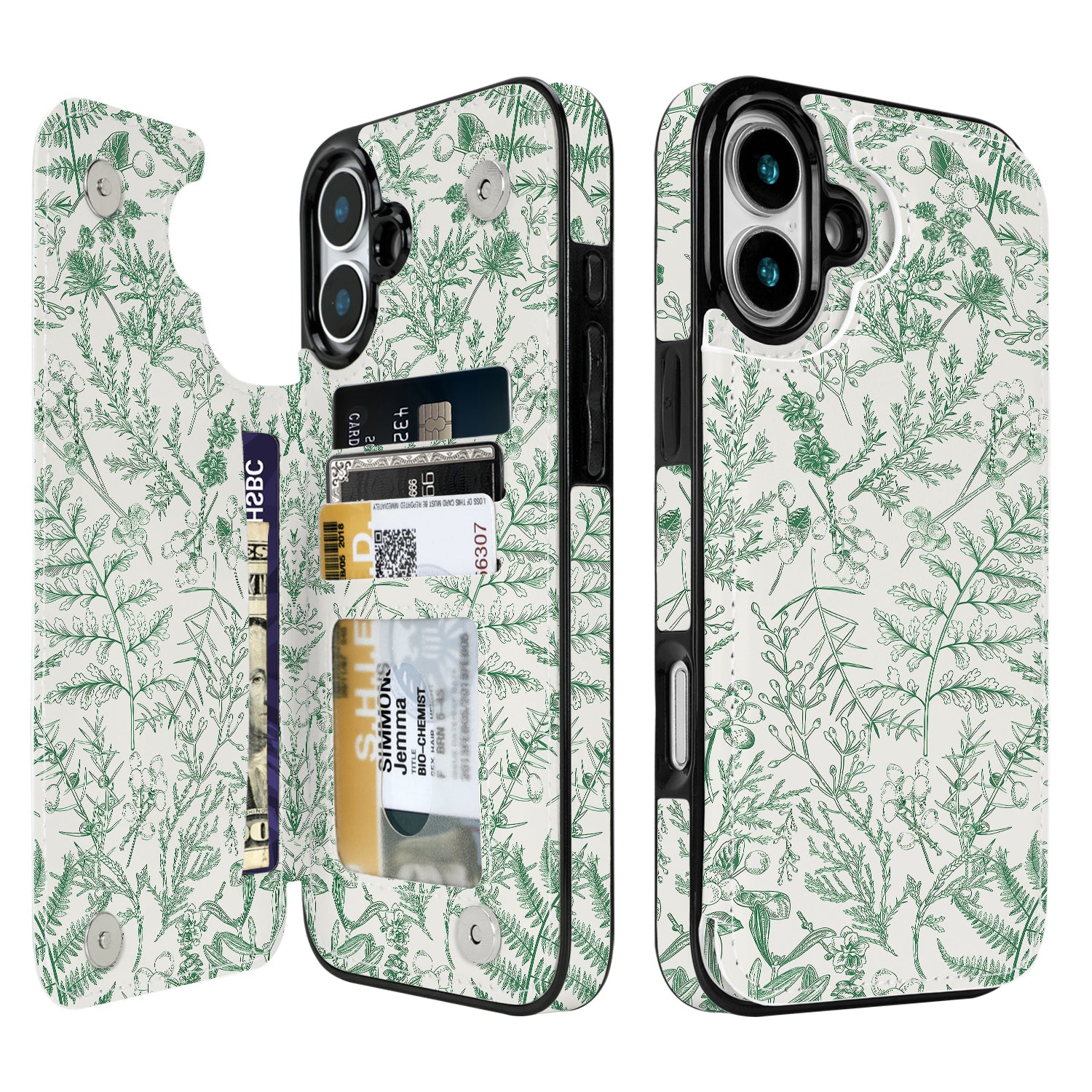 Floral Flip Wallet Case for iPhone 17–14 with Card Holder – Kickstand - iPhone 16 Plus exact model view, non-MagSafe double-buckle wallet case [OB899-iPhone-16-Plus-LOCAL]