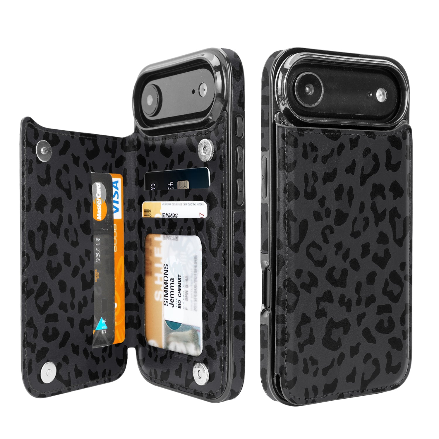 Black Leopard Flip Wallet Case for iPhone 17–14 – Card Holder & Kickstand – product image 4