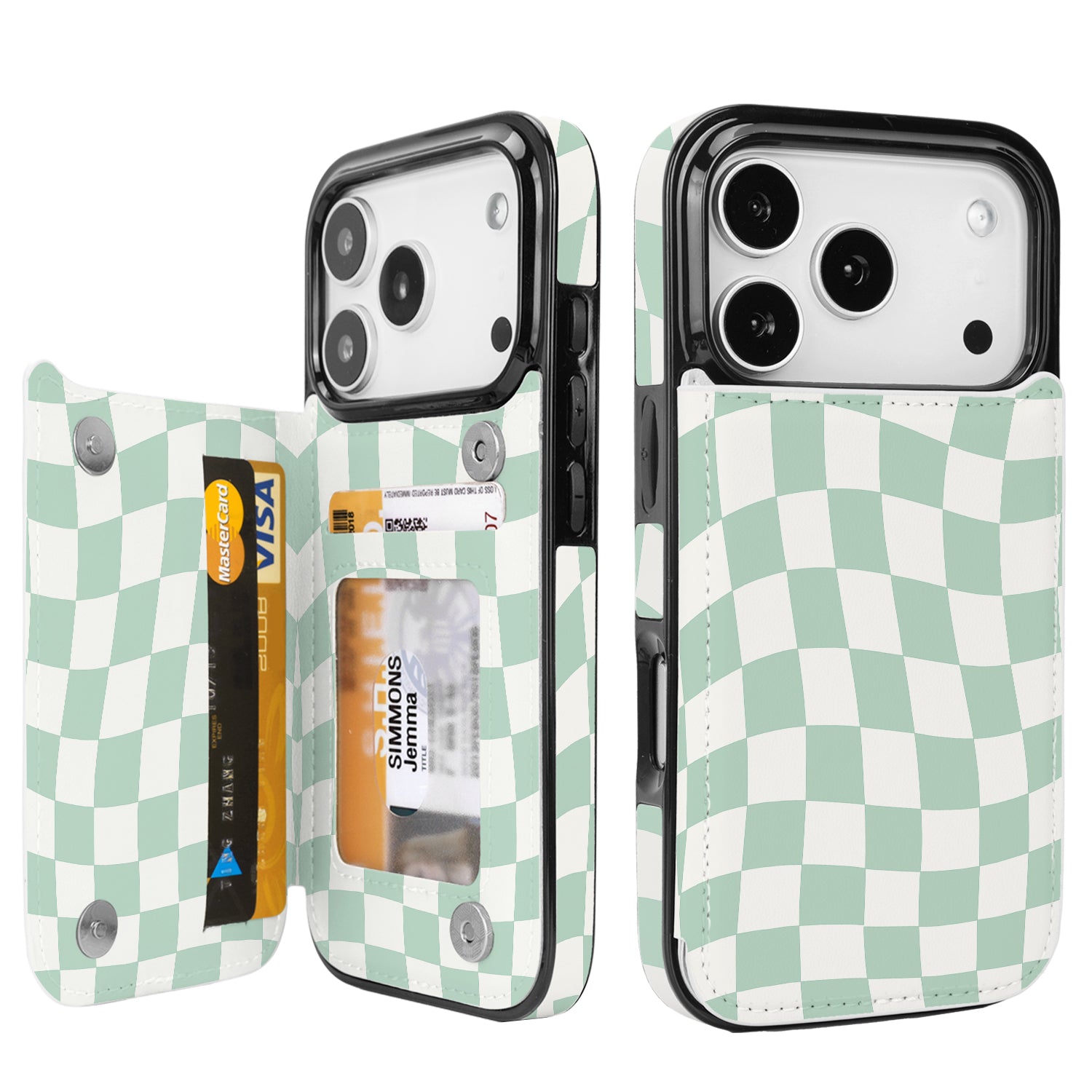 Mint Wavy Checkerboard Flip Wallet Case for iPhone 17–14 – Card Holder & Kickstand – product view 2