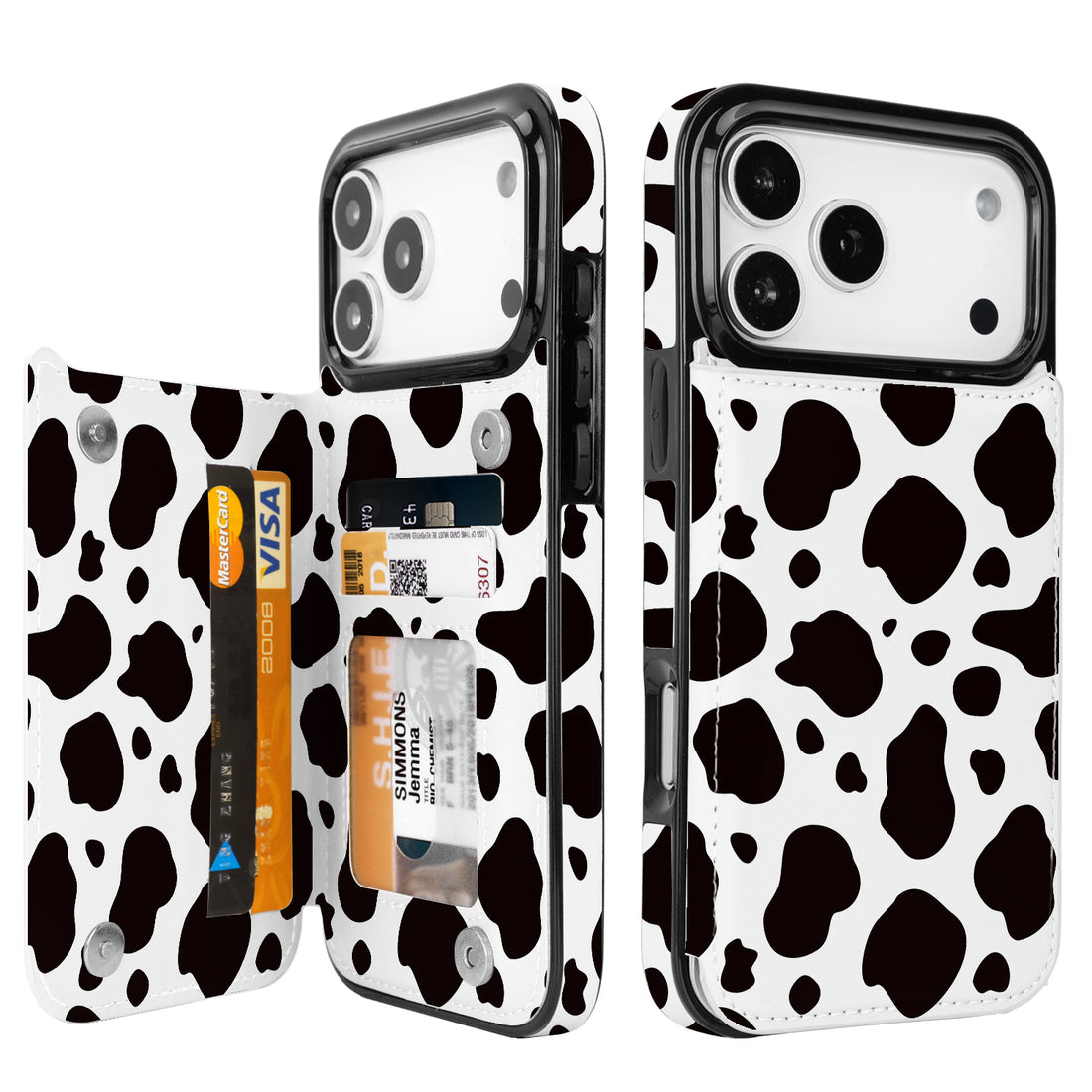 Black & White Cow Print Flip Wallet Case for iPhone 17/16/15/14 Series - black and white cow print pattern with card holder