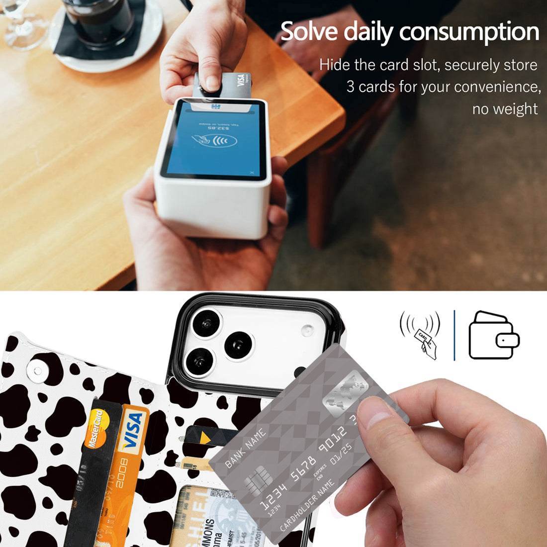 Black & White Cow Print Flip Wallet Case for iPhone 17/16/15/14 Series - black and white cow print pattern with card holder