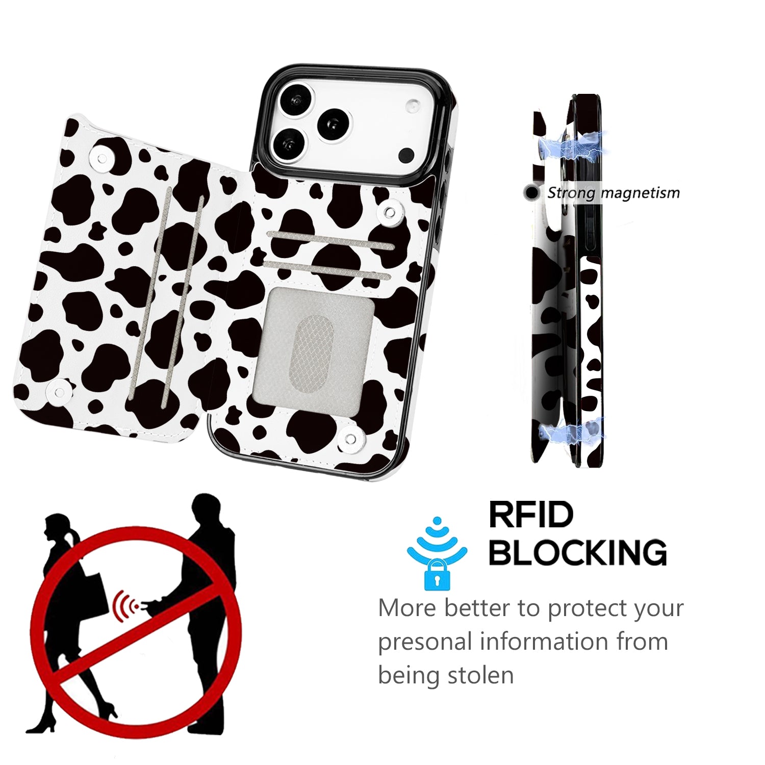 Black & White Cow Print Flip Wallet Case for iPhone 17–14 – Card Holder & Kickstand – product image 8