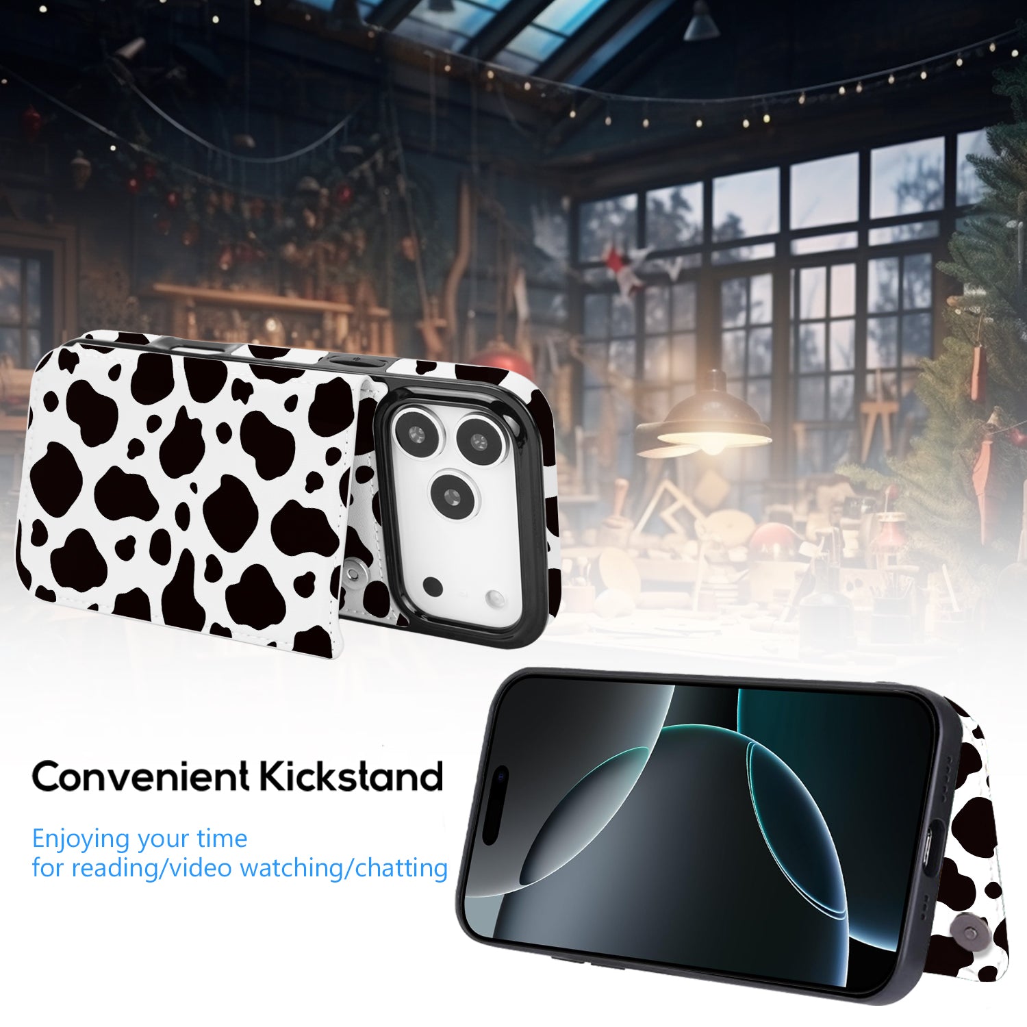 Black & White Cow Print Flip Wallet Case for iPhone 17–14 – Card Holder & Kickstand – product image 10