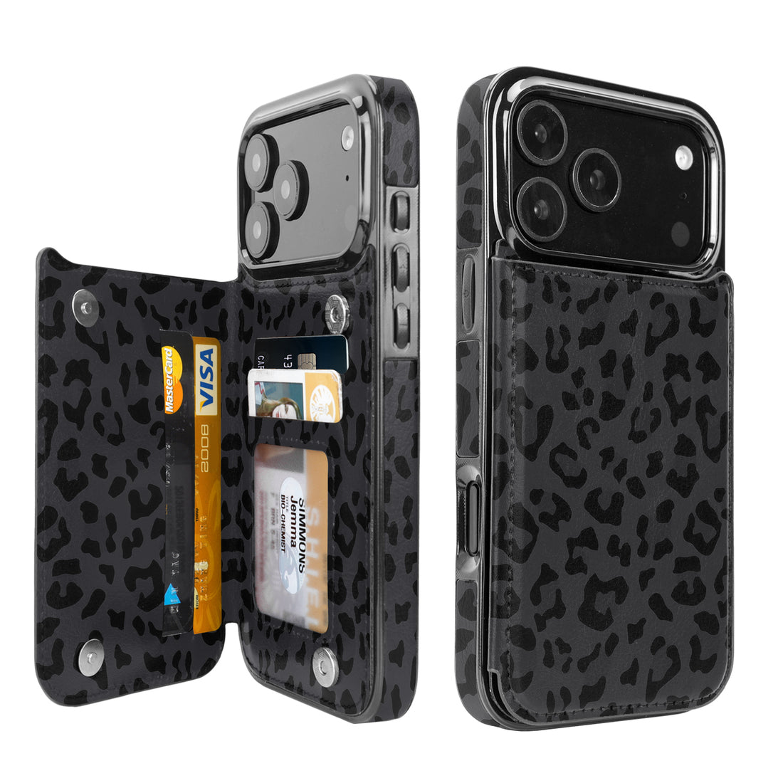 Black Leopard Flip Wallet Case for iPhone 17/16/15/14 Series - black leopard pattern with card holder