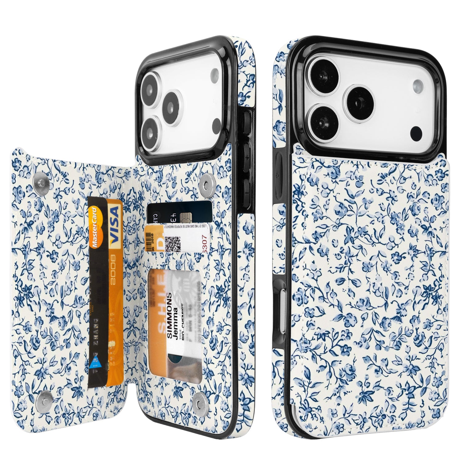 Blue Porcelain Floral Flip Wallet Case for iPhone 17/16/15/14 Series - blue porcelain floral pattern with card holder