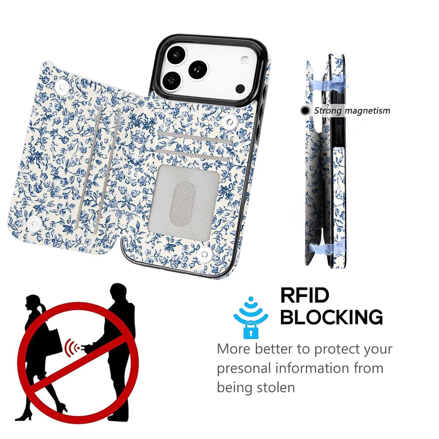 Blue Porcelain Floral Flip Wallet Case for iPhone 17–14 – Card Holder & Kickstand – product image 3
