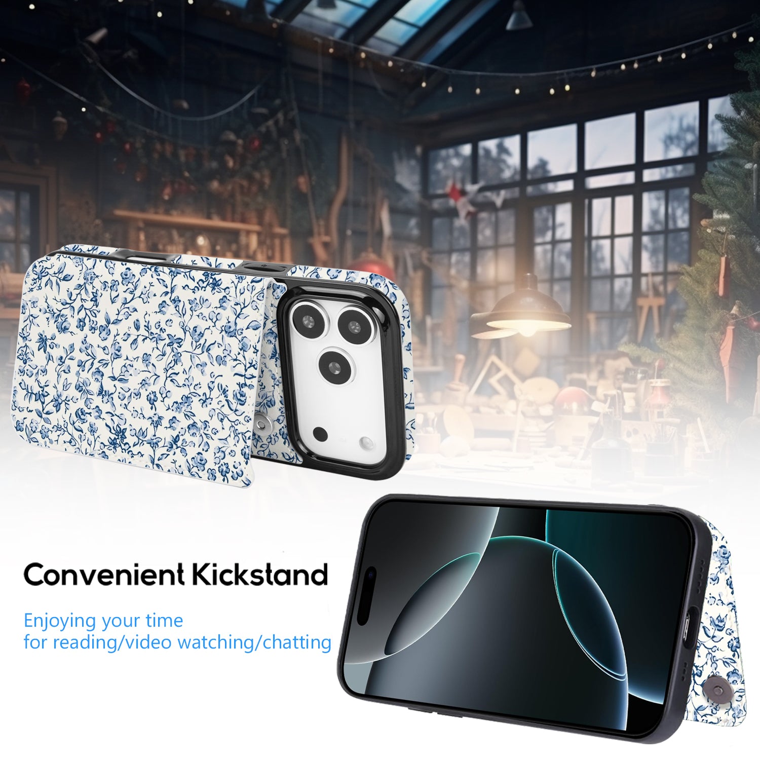 Blue Porcelain Floral Flip Wallet Case for iPhone 17–14 – Card Holder & Kickstand – product image 6