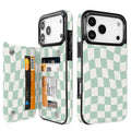 Mint Wavy Checkerboard Flip Wallet Case for iPhone 17/16/15/14 Series - mint green wavy checkerboard pattern with card holder