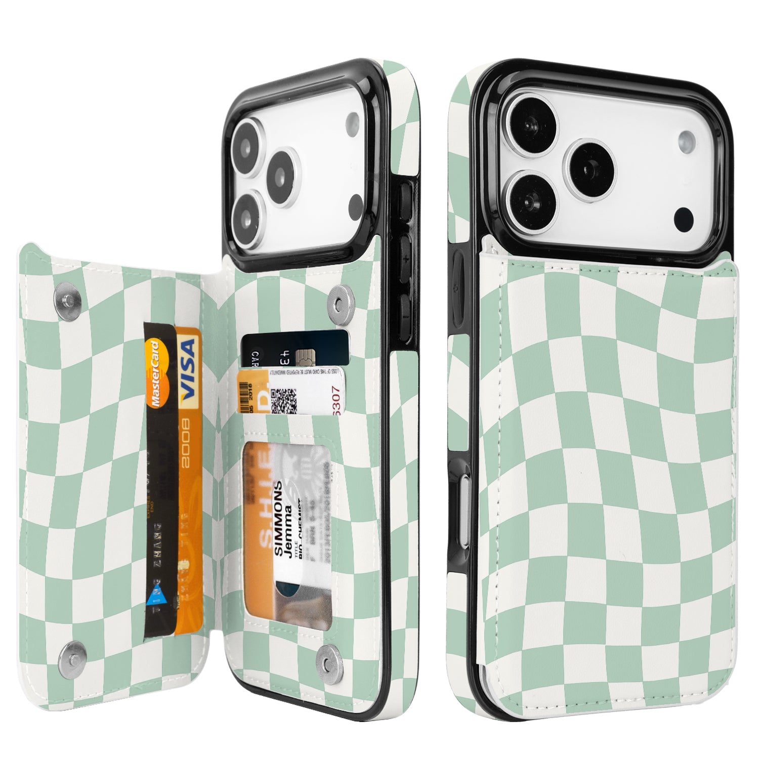 Mint Wavy Checkerboard Flip Wallet Case for iPhone 17/16/15/14 Series - mint green wavy checkerboard pattern with card holder