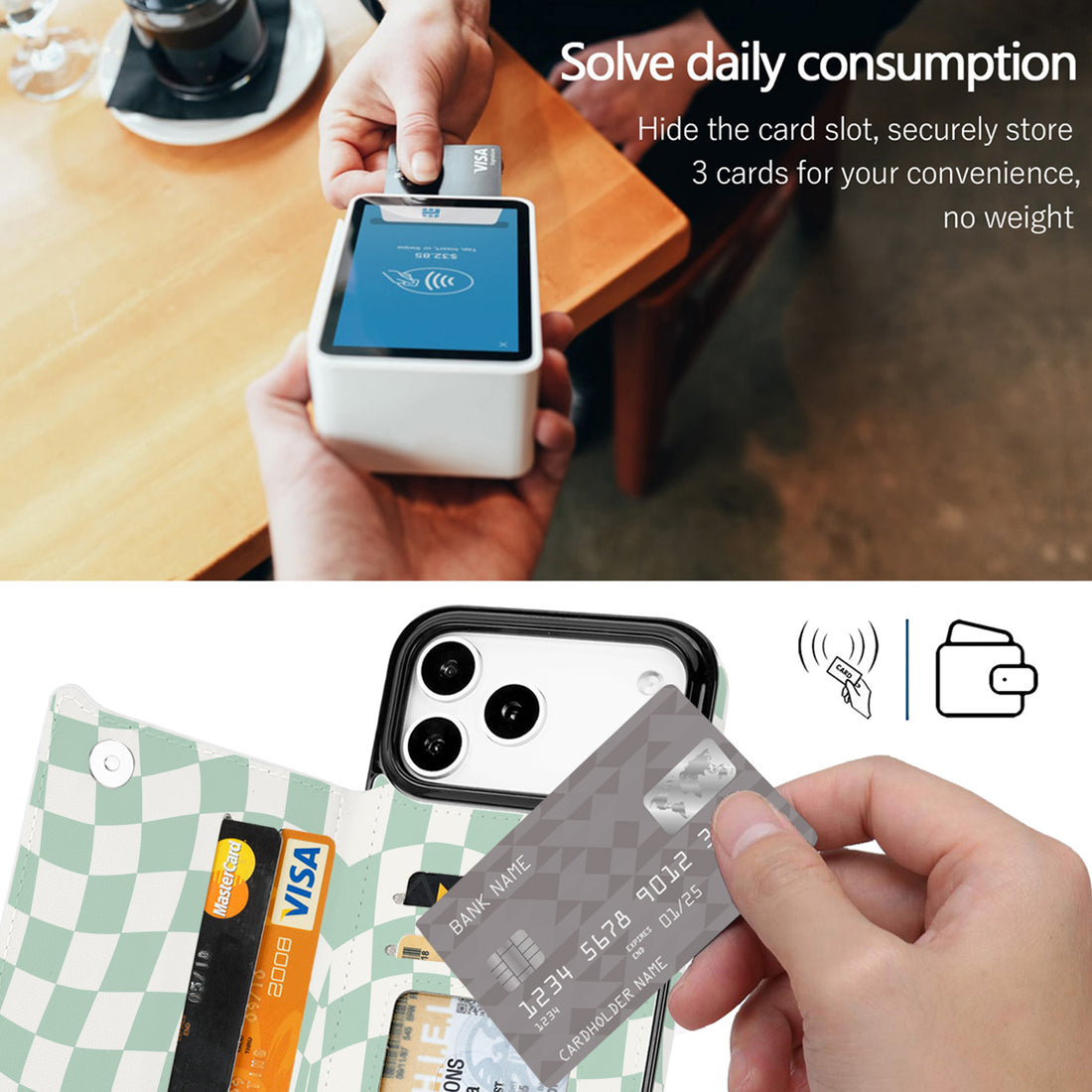 Mint Wavy Checkerboard Flip Wallet Case for iPhone 17/16/15/14 Series - mint green wavy checkerboard pattern with card holder