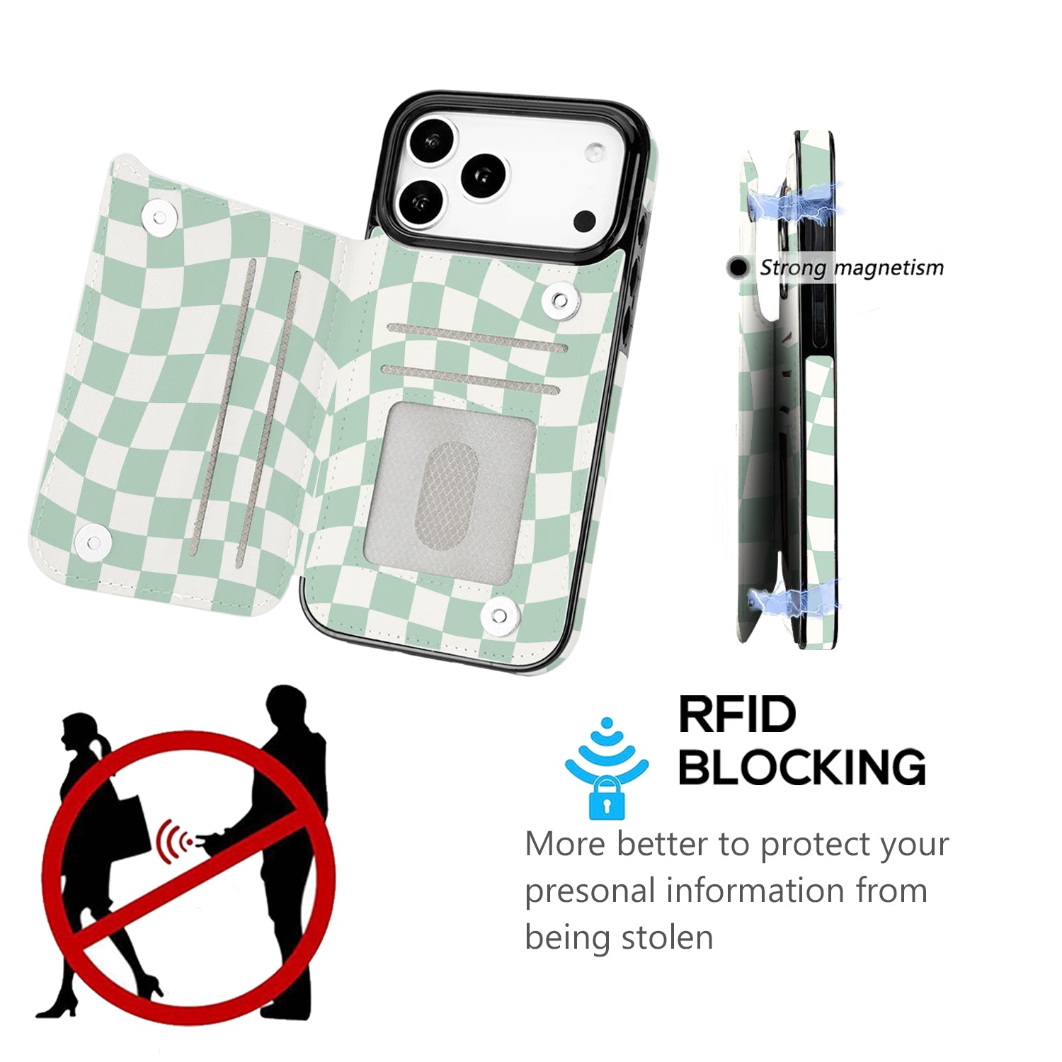 Mint Wavy Checkerboard Flip Wallet Case for iPhone 17–14 – Card Holder & Kickstand – product view 4
