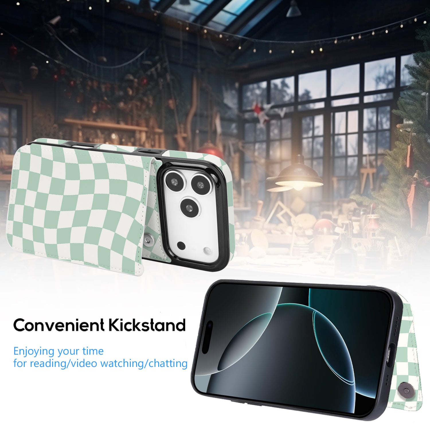 Mint Wavy Checkerboard Flip Wallet Case for iPhone 17–14 – Card Holder & Kickstand – product view 5