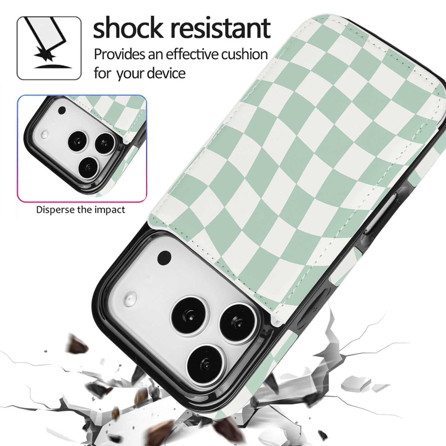 Mint Wavy Checkerboard Flip Wallet Case for iPhone 17–14 – Card Holder & Kickstand – product view 6