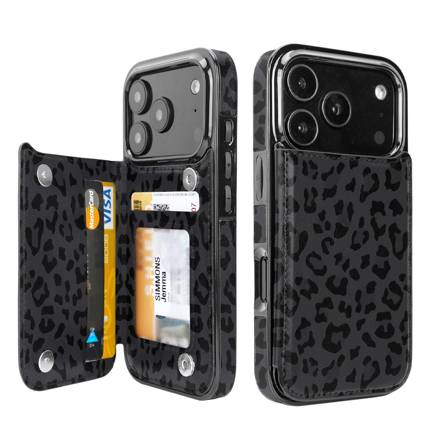 Black Leopard Flip Wallet Case for iPhone 17–14 – Card Holder & Kickstand – product image 3