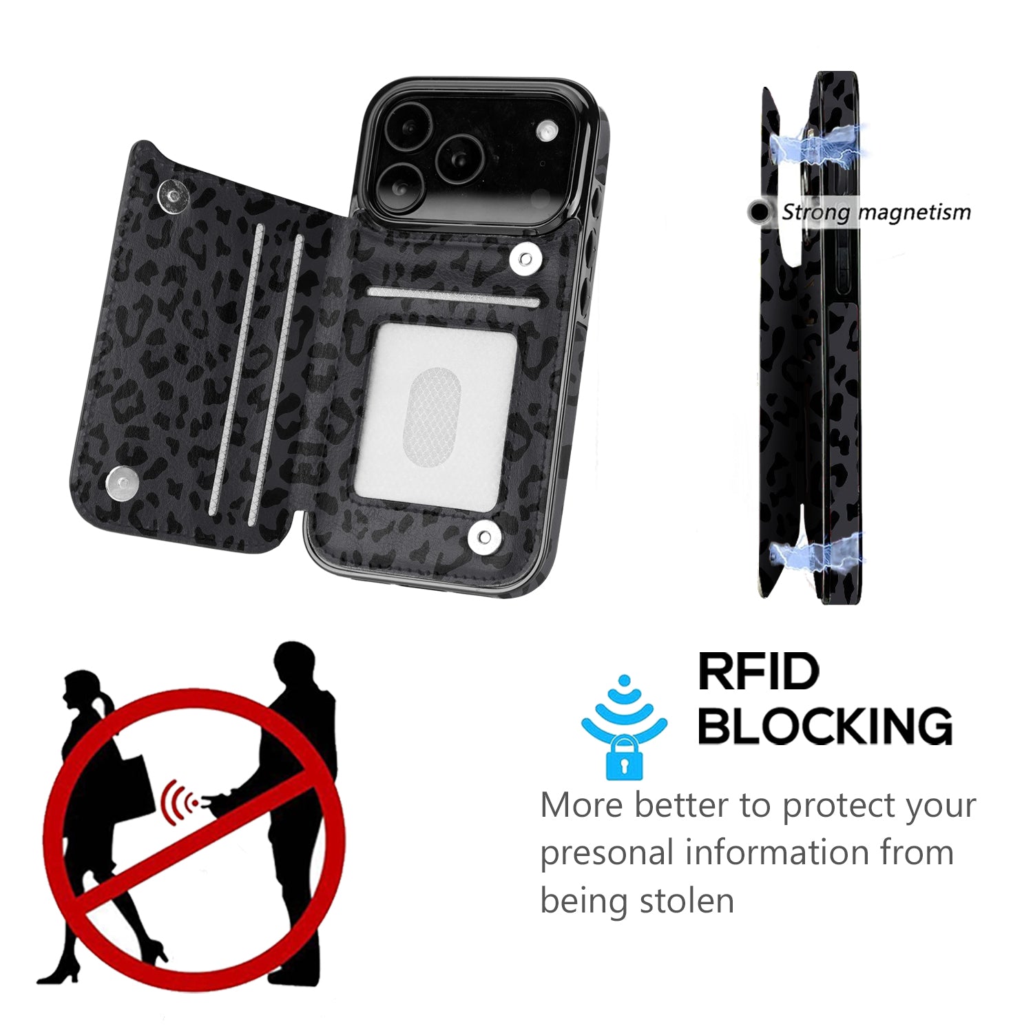 Black Leopard Flip Wallet Case for iPhone 17–14 – Card Holder & Kickstand – product image 7